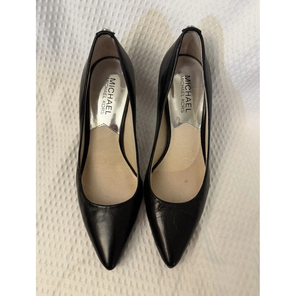 Michael Kors Black Leather Pointed Toe Stiletto Pumps Slip On Logo US 6